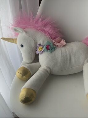 Aurora World Zoey White Unicorn Plush Pink Mane Gold Horn Flowers Washable